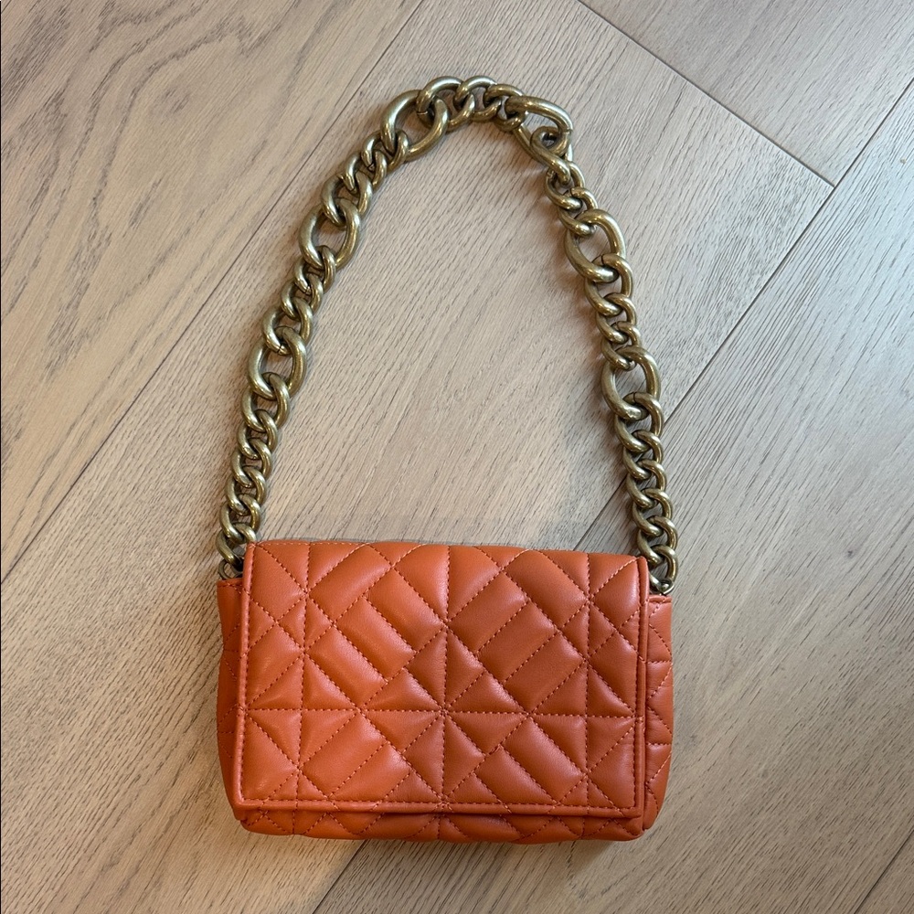 Zara Orange Quilted Shoulder Bag with Chain